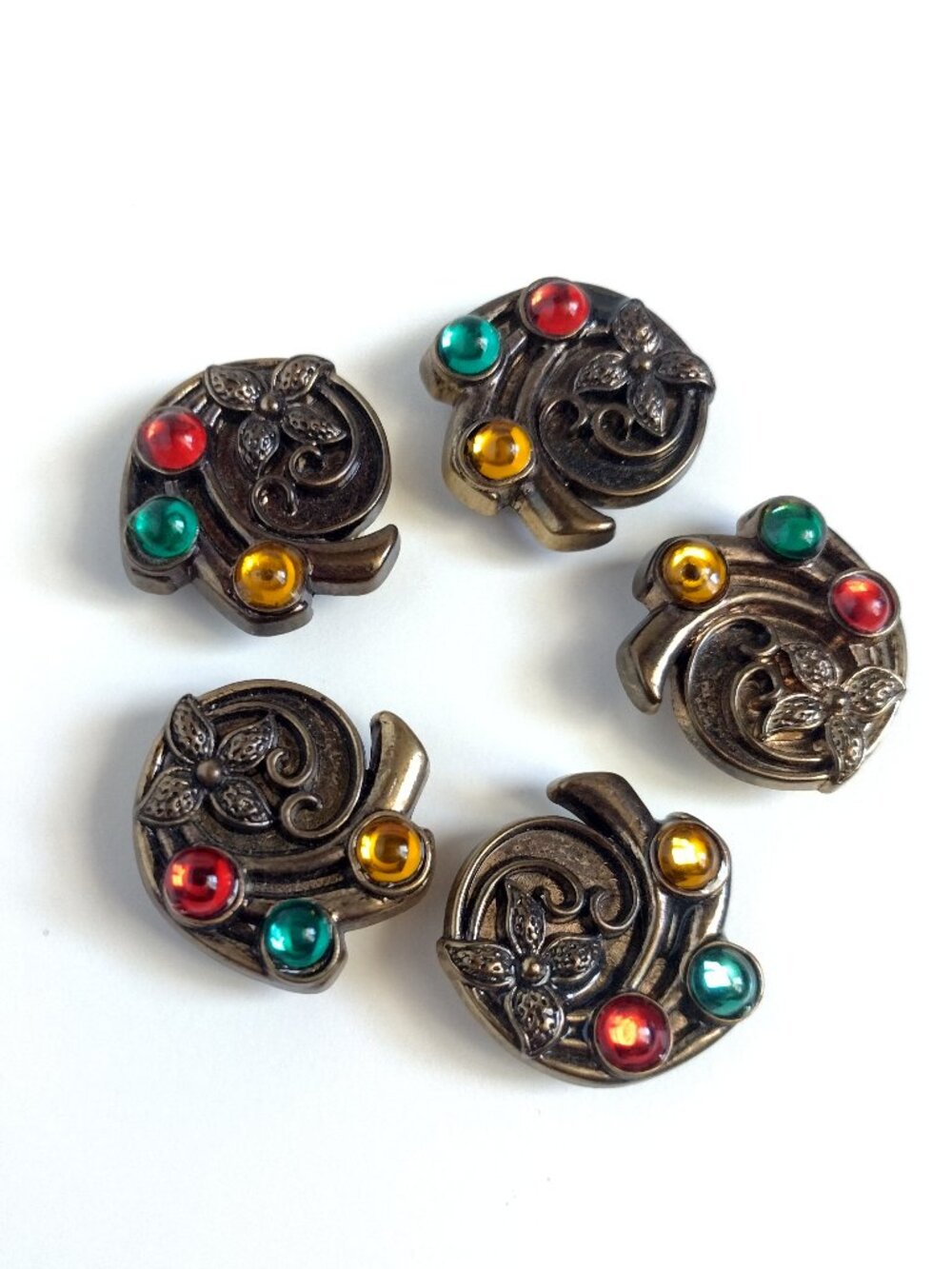 Vintage Button Covers Floral Swirl Brass Tone Yellow Green Red Acrylic Cabochon